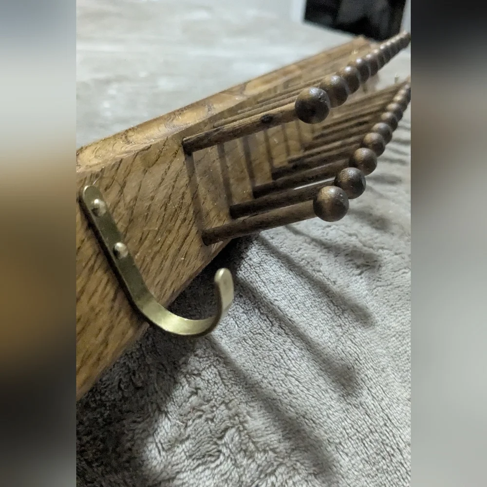 Vintage Wooden Tie Rack wood Pegs & Brass Hooks Jewelry Display